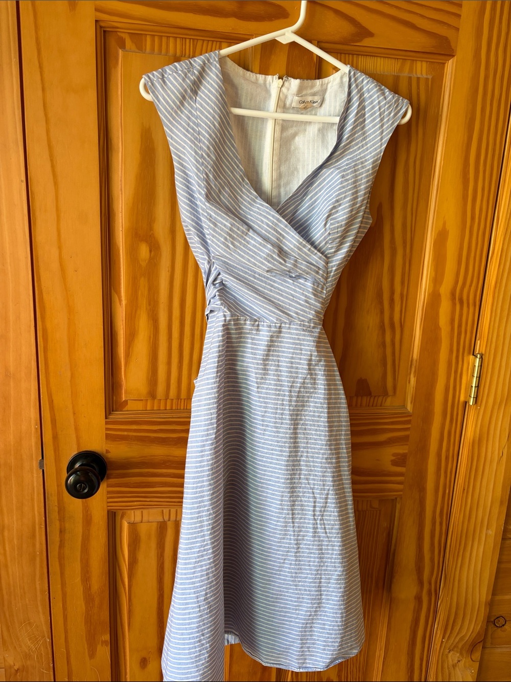 Calvin Klein Light Blue and White Striped Midi Dress - Size 6
